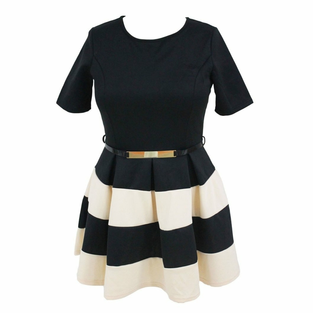 Plus Size Black And Beige Striped Mini Dress